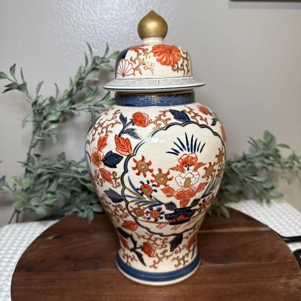 Vintage LJ Japan Imari Style Ginger Jar Lidded Vase Crackle Glaze Chinoiseri 11”